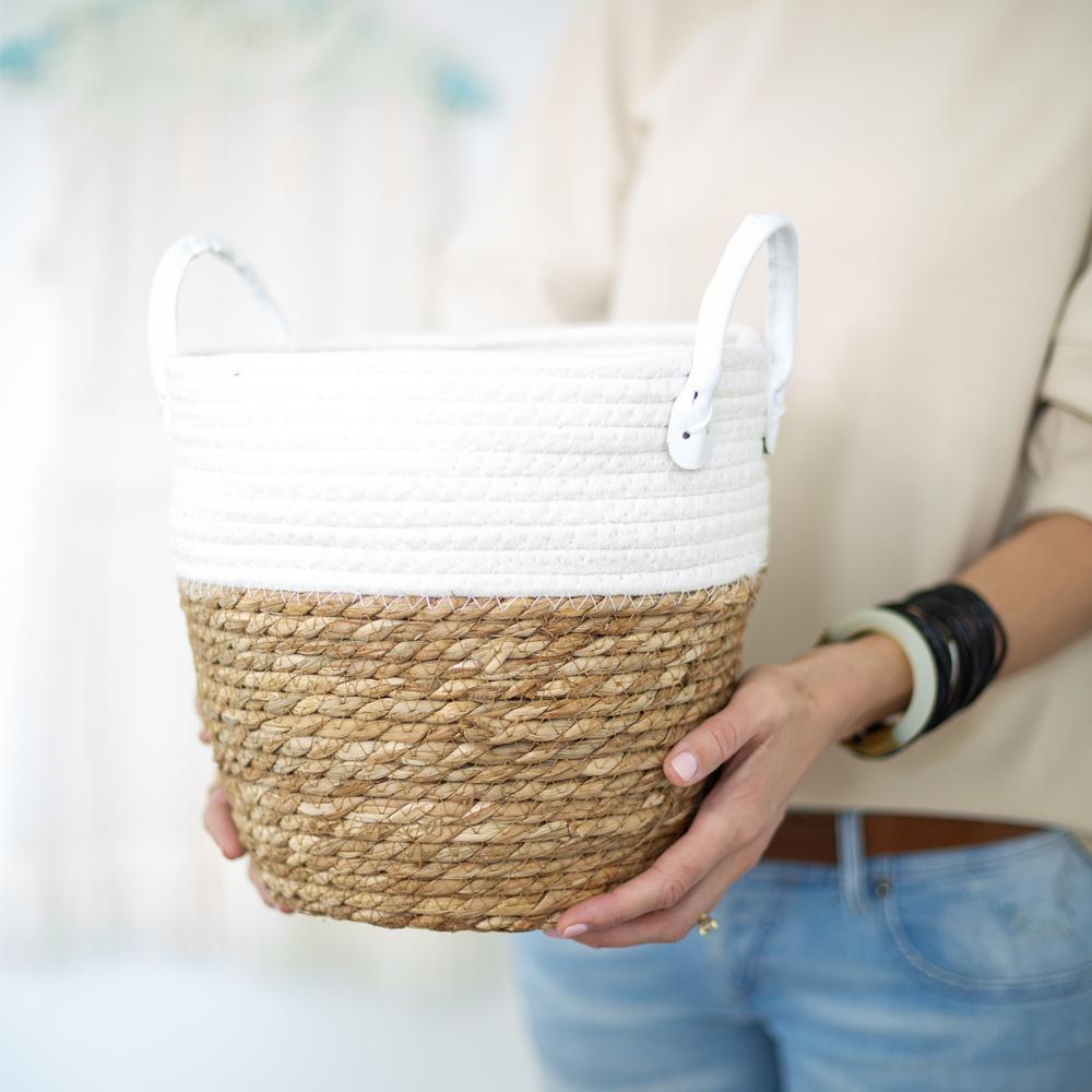 White Two-tone Basket with Leather Handles