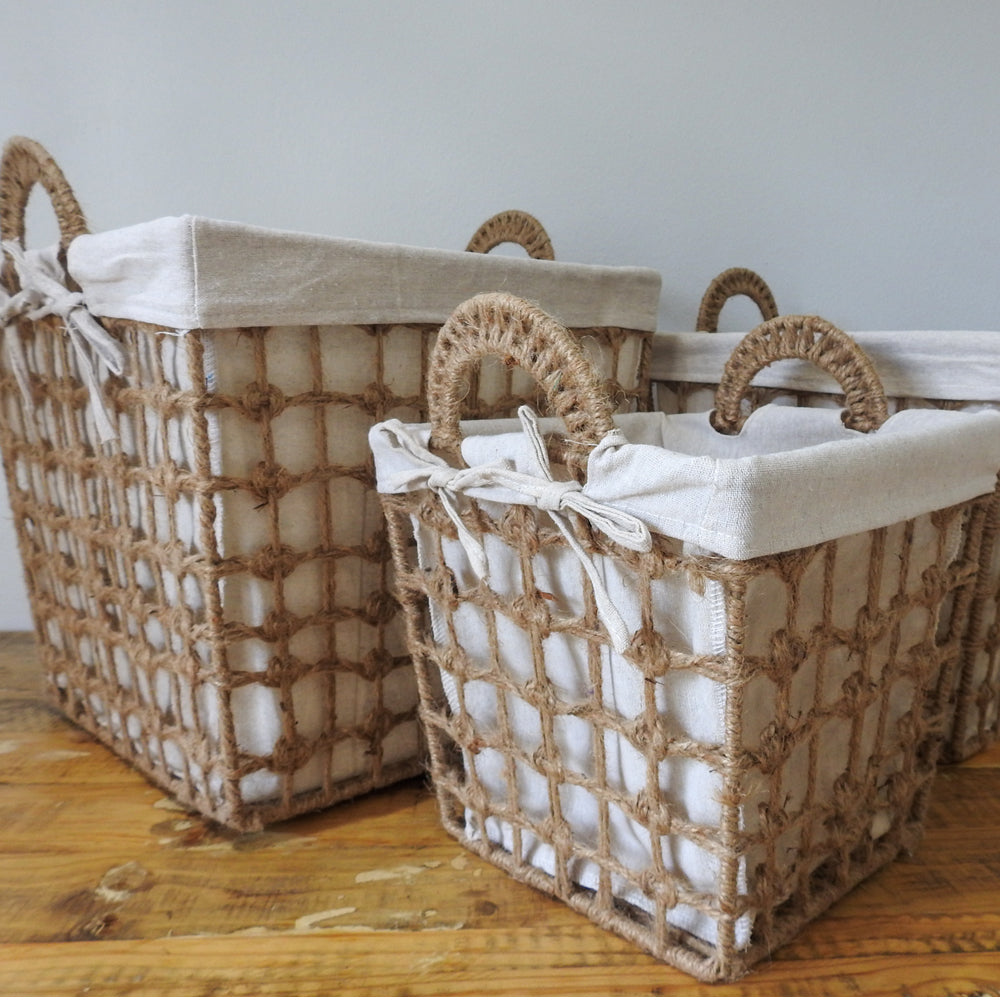 Square Hemp Tied Wire Basket with Hemp Fabric Inner