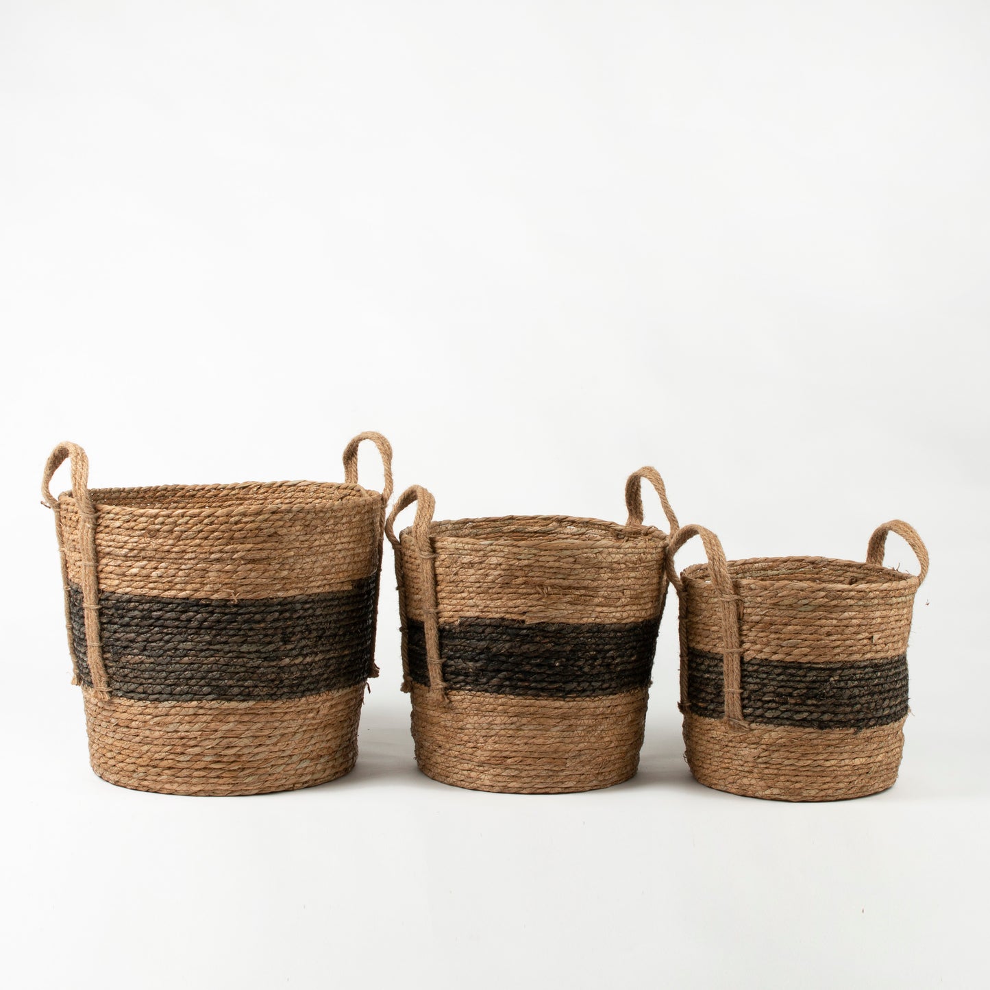 Natural and Black Stripe Basket with Hemp Handles