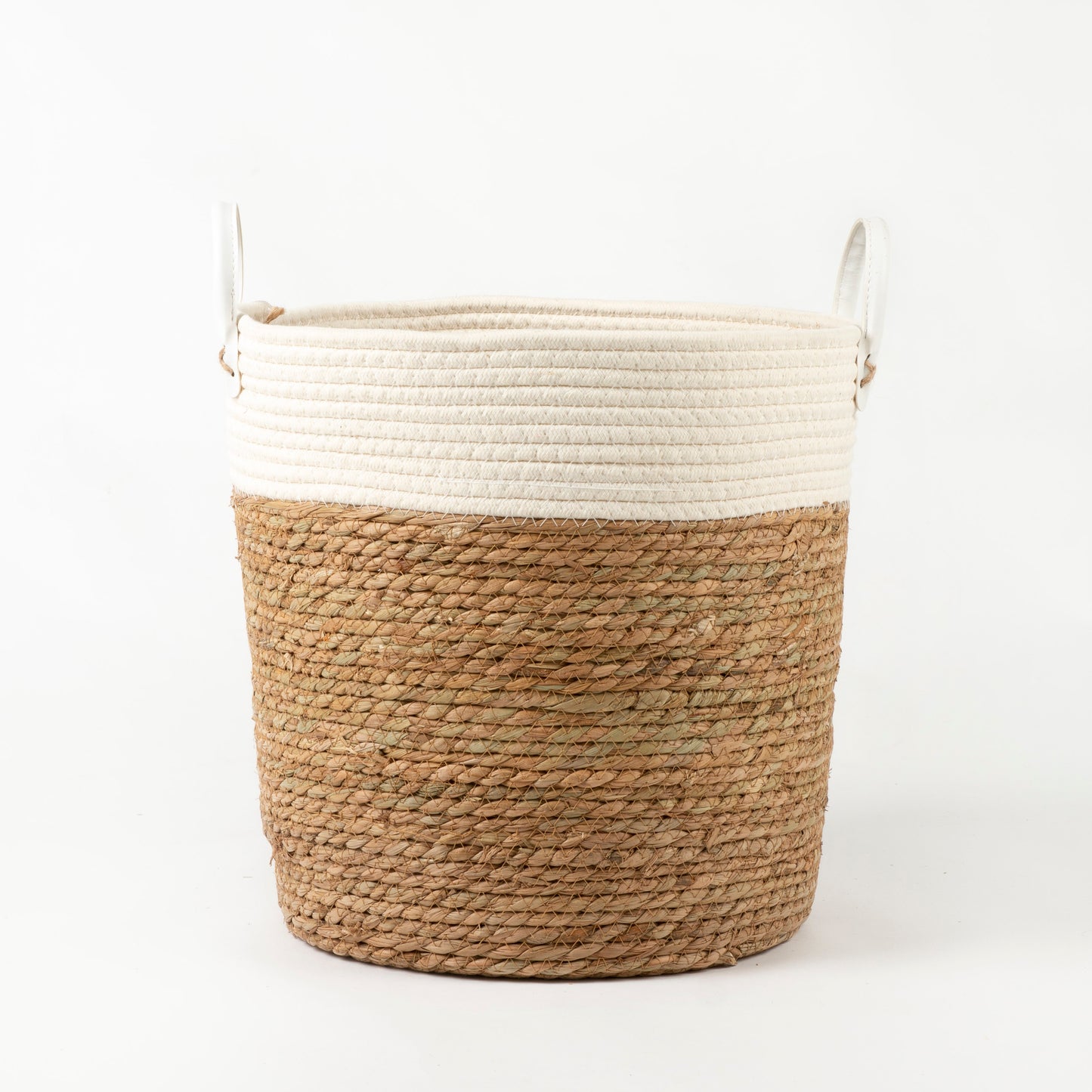 White Two-tone Basket with Leather Handles