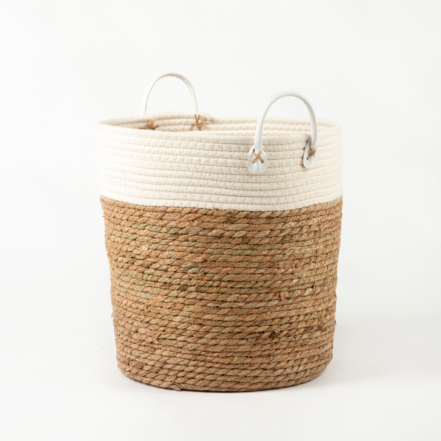 White Two-tone Basket with Leather Handles