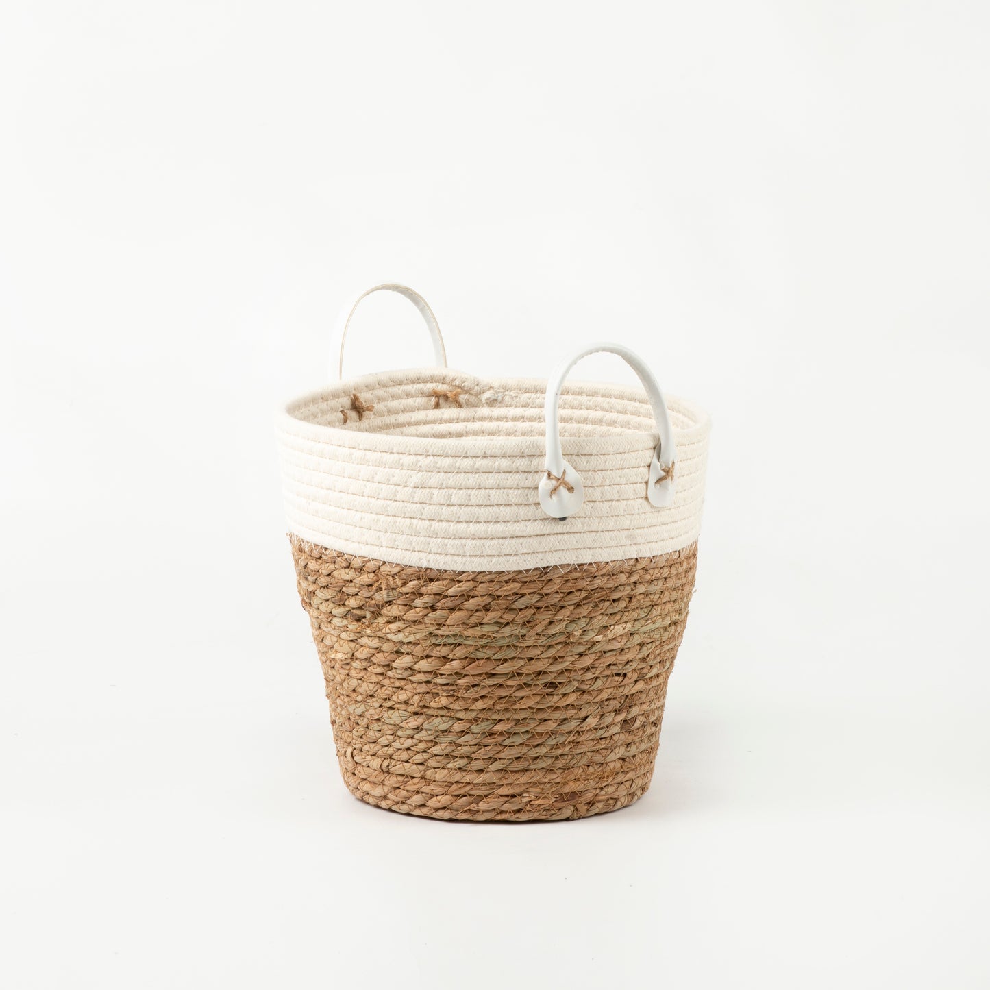 White Two-tone Basket with Leather Handles