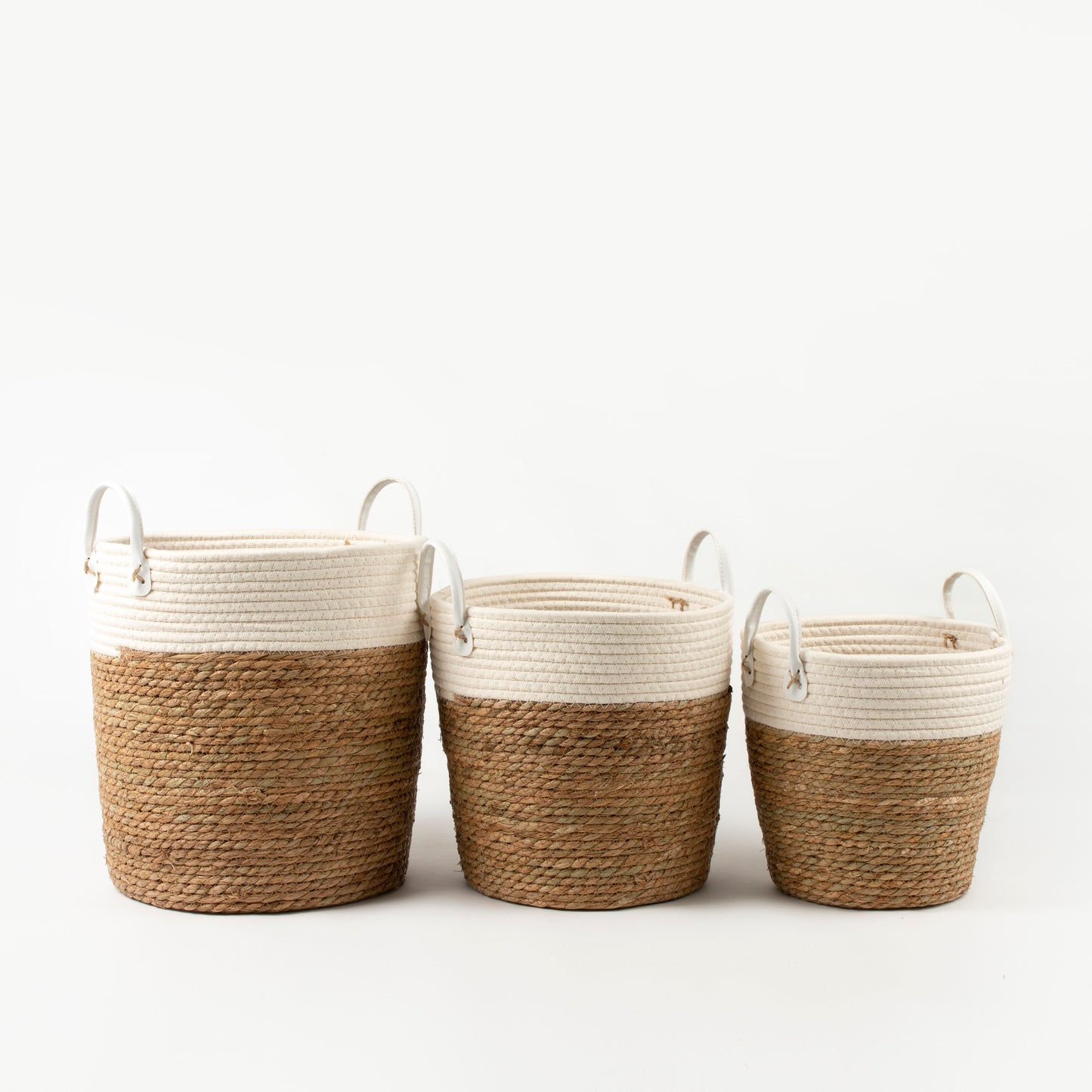 White Two-tone Basket with Leather Handles