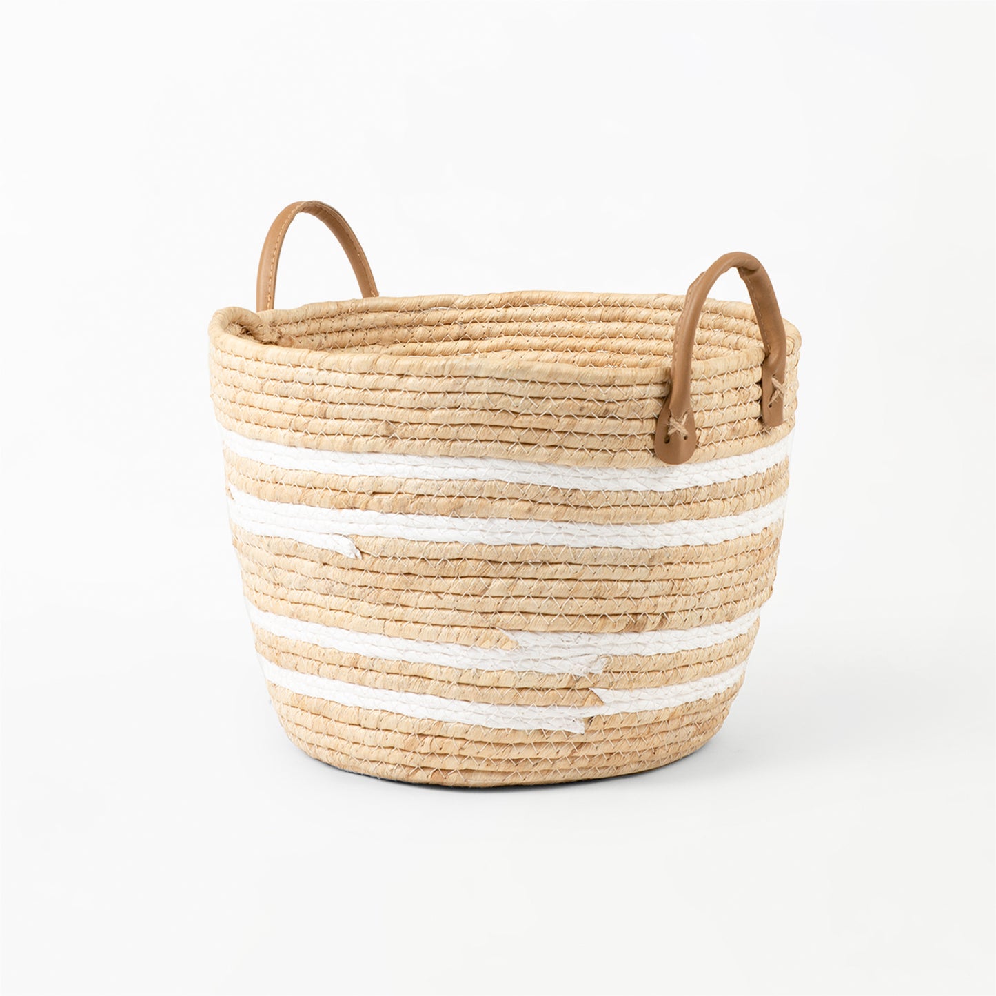 White Stripe Natural Woven Basket with Leather Handle