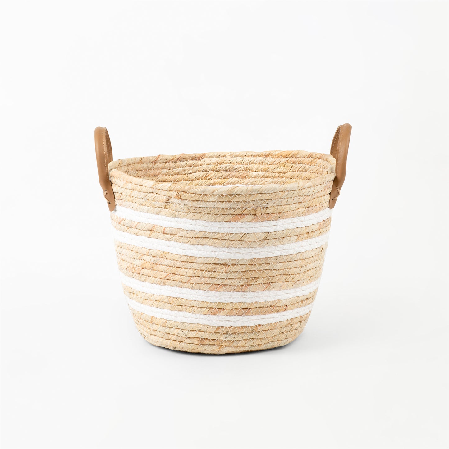 White Stripe Natural Woven Basket with Leather Handle