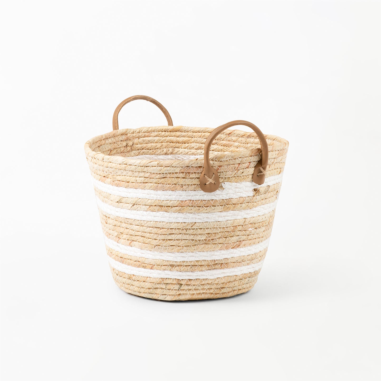 White Stripe Natural Woven Basket with Leather Handle