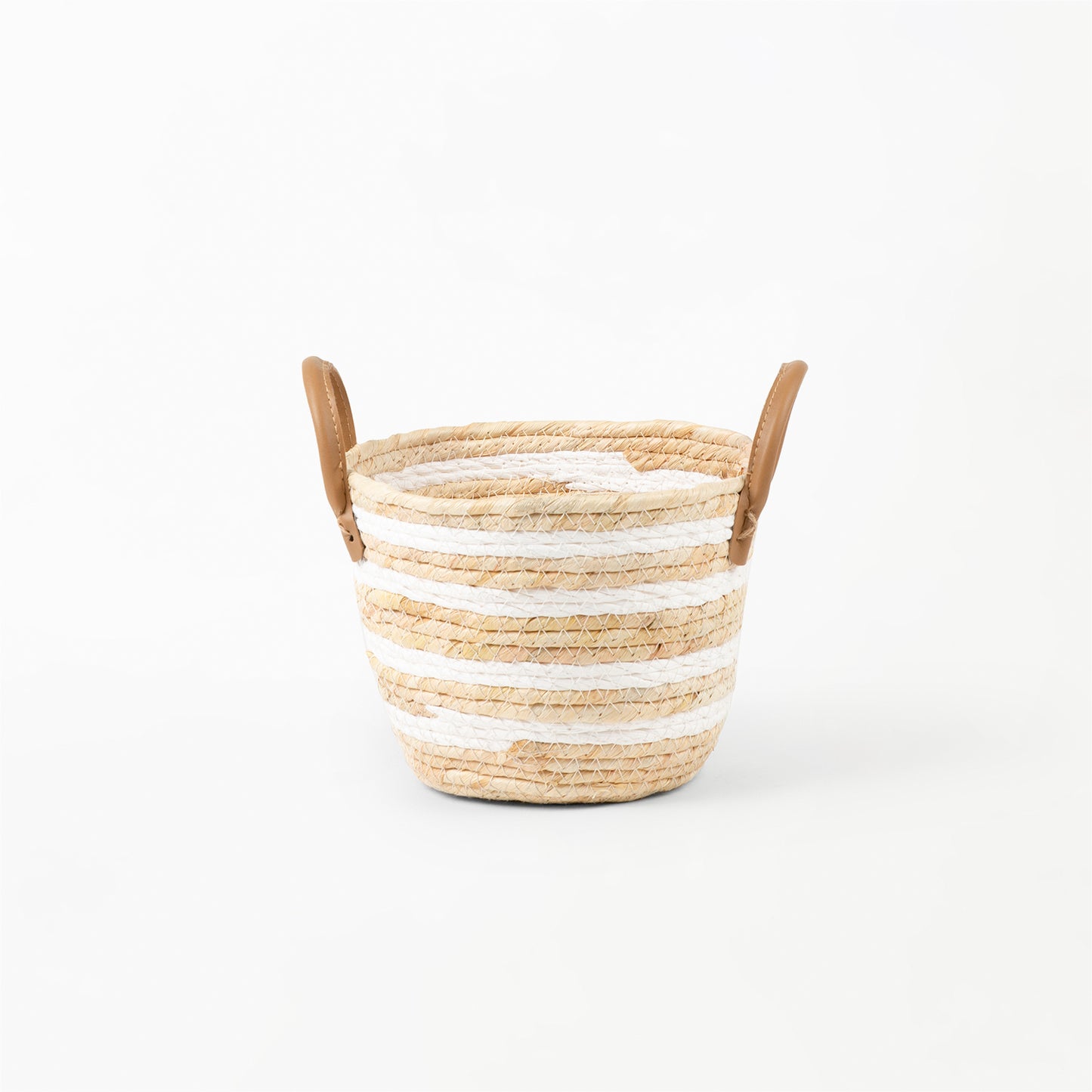White Stripe Natural Woven Basket with Leather Handle
