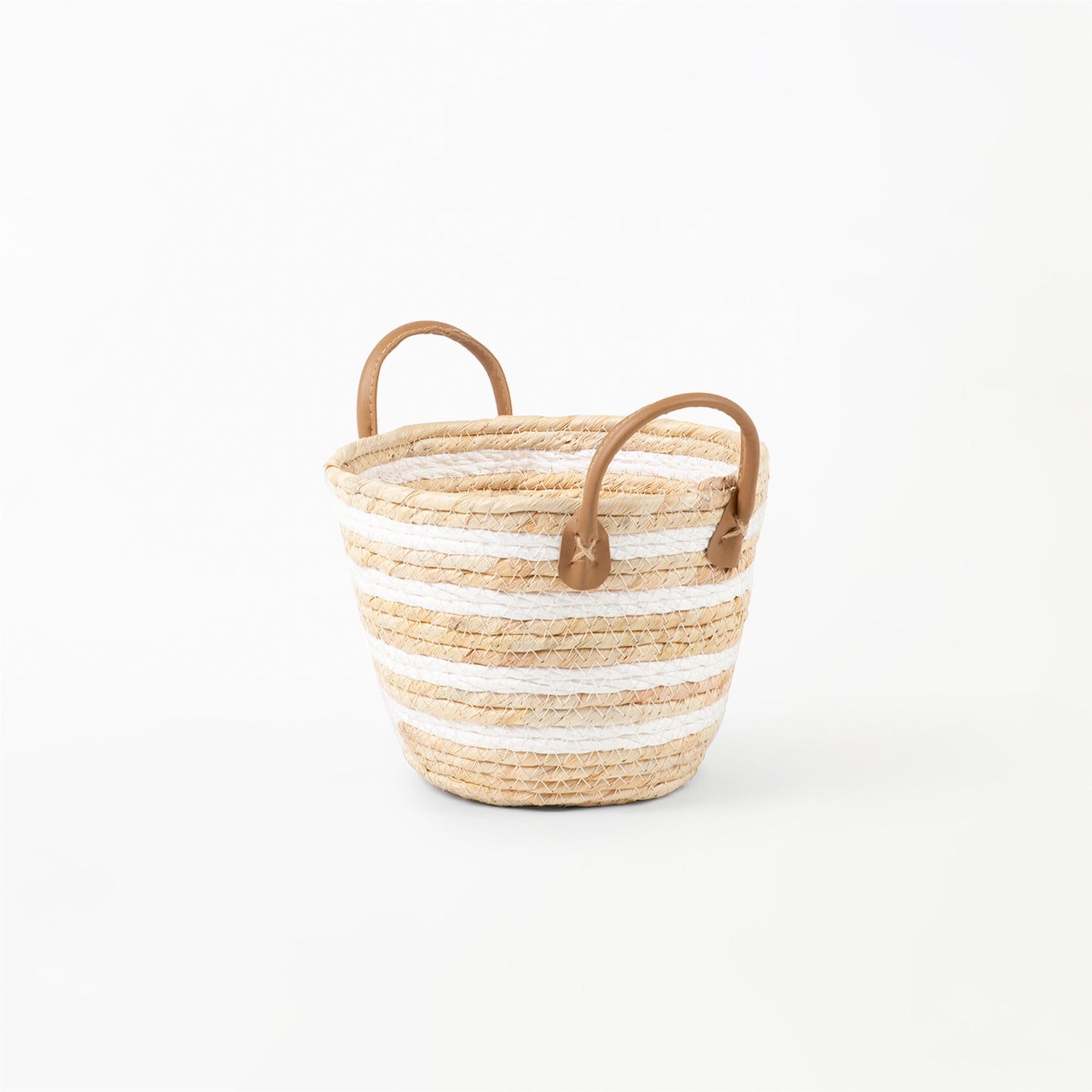 White Stripe Natural Woven Basket with Leather Handle