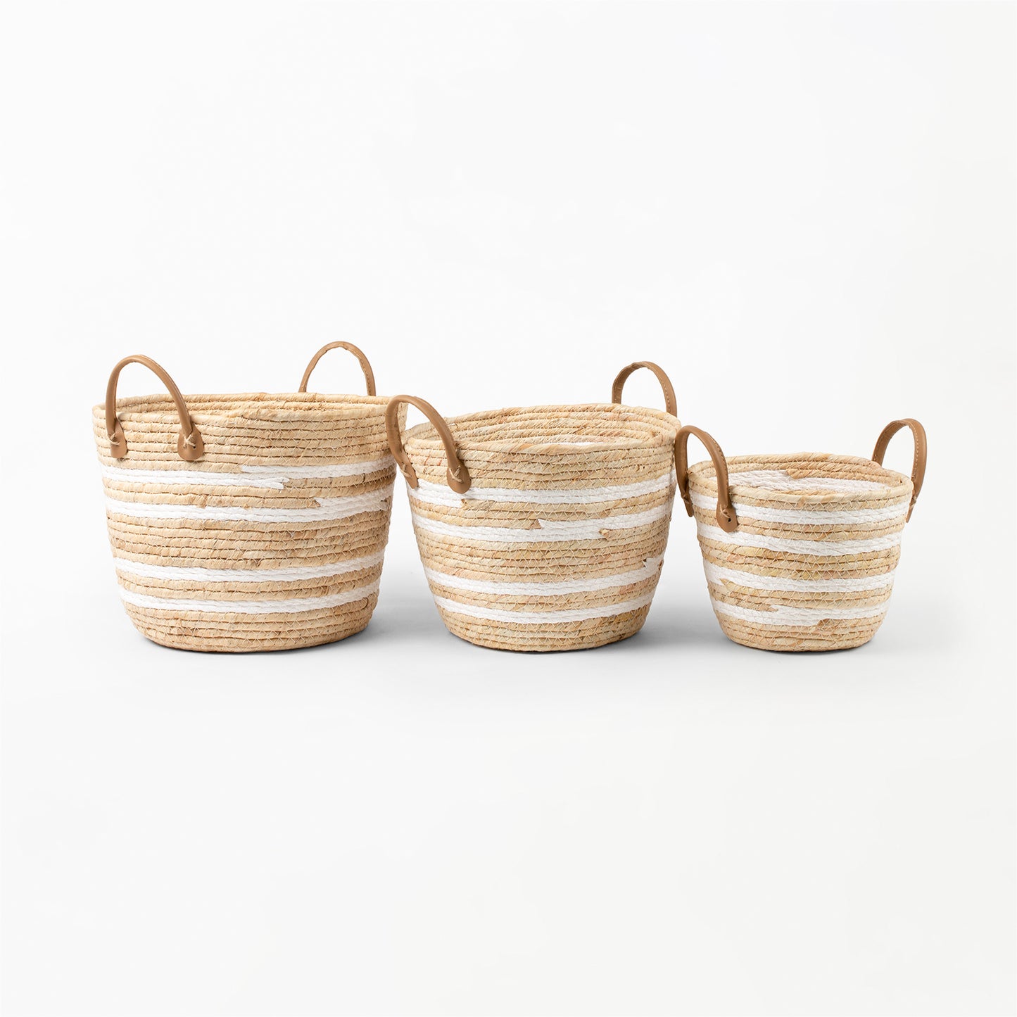 White Stripe Natural Woven Basket with Leather Handle