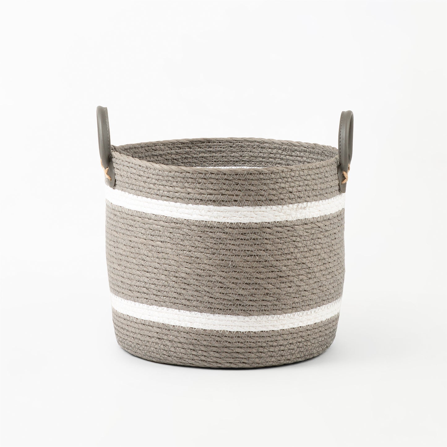 Two-Striped Grey Basket with Leather Handles