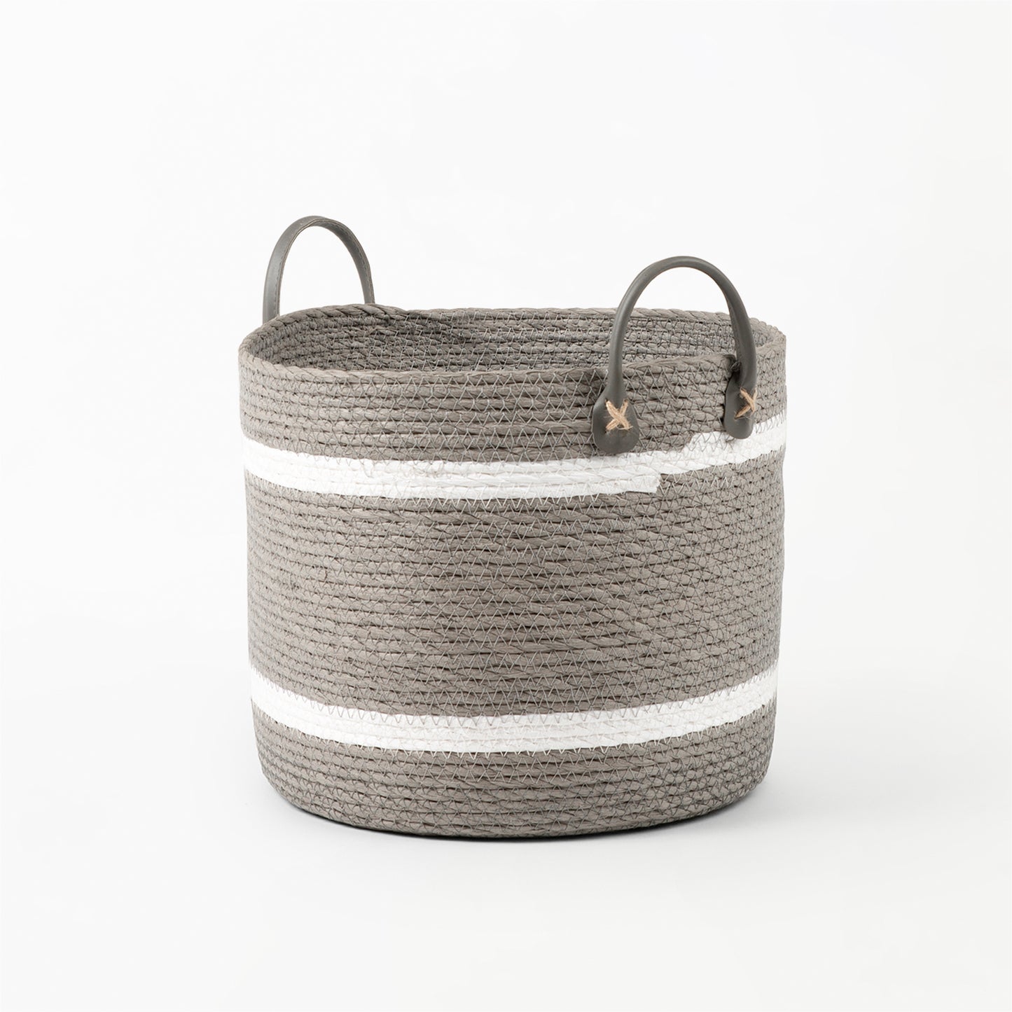 Two-Striped Grey Basket with Leather Handles