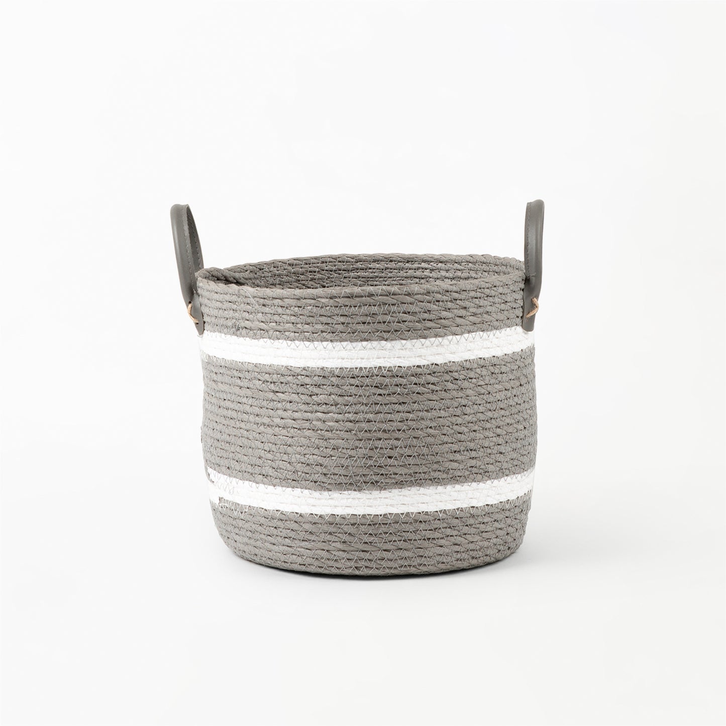Two-Striped Grey Basket with Leather Handles