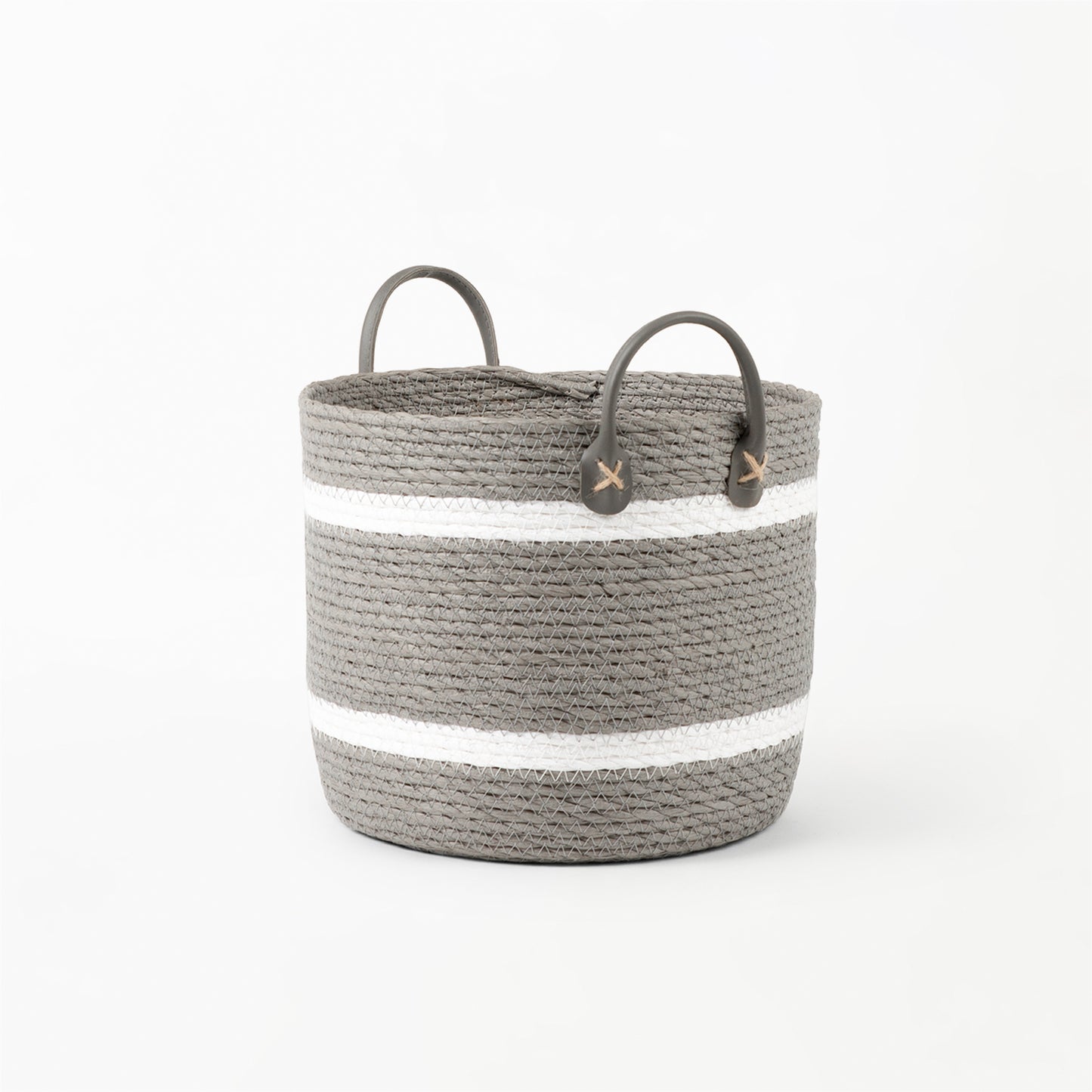 Two-Striped Grey Basket with Leather Handles