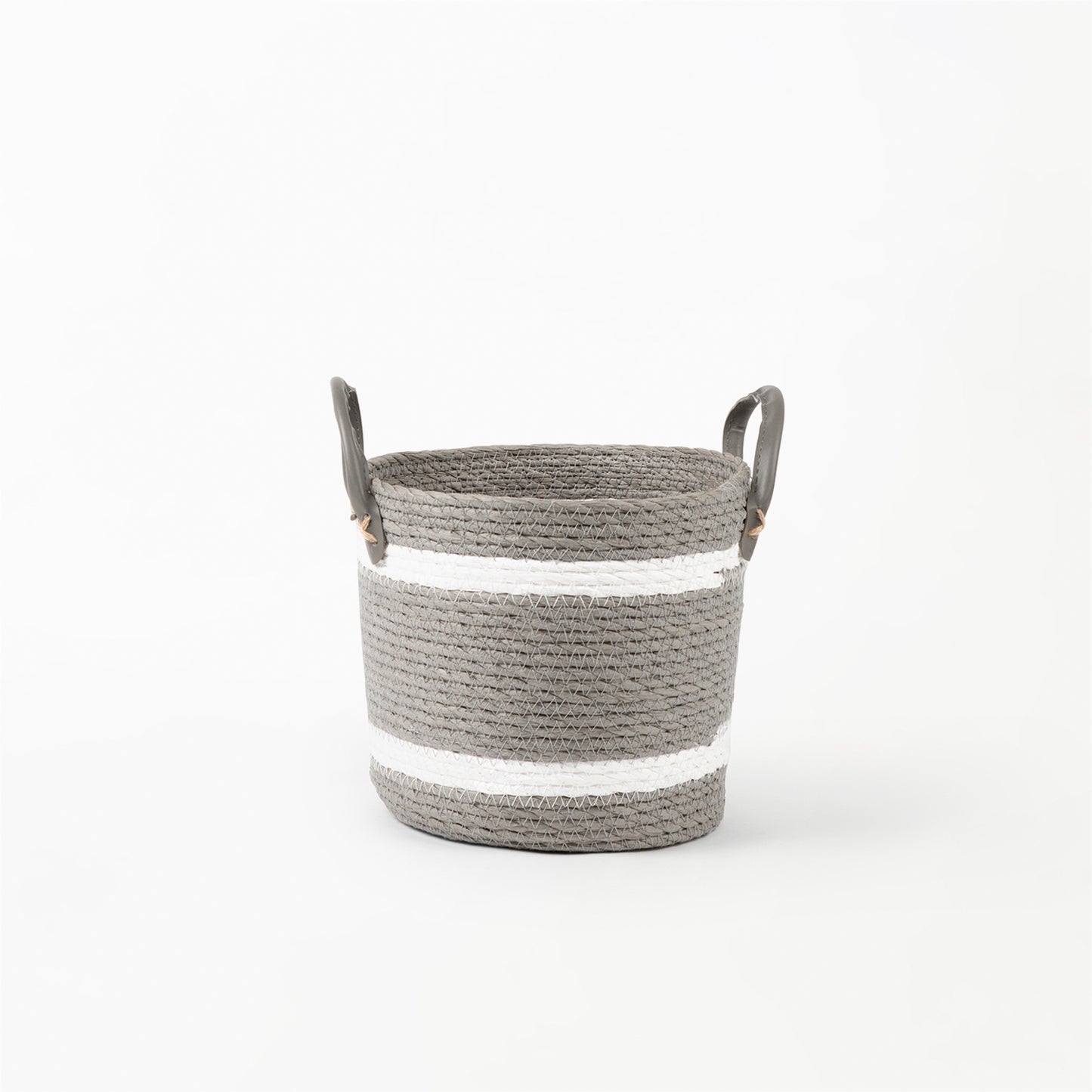 Two-Striped Grey Basket with Leather Handles