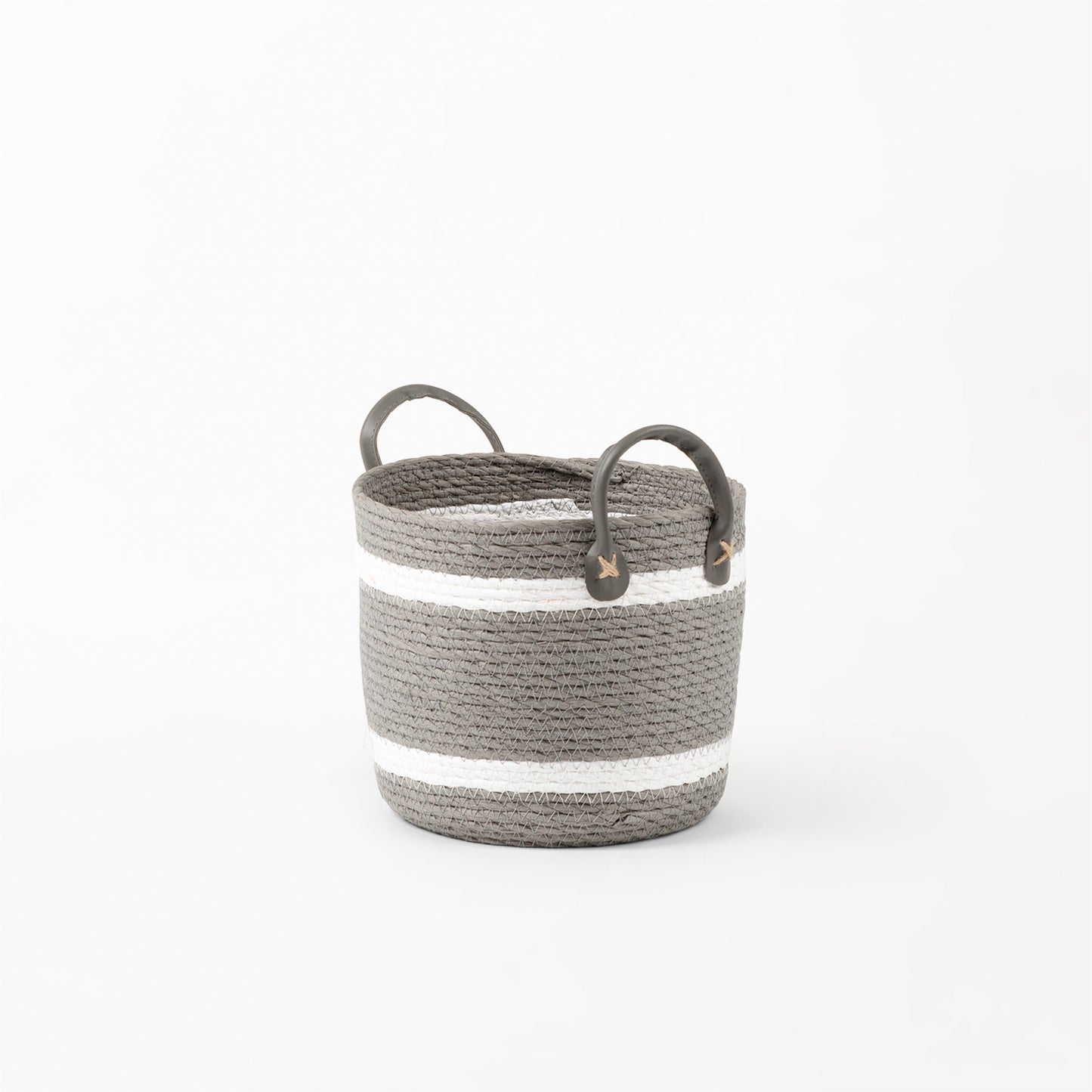 Two-Striped Grey Basket with Leather Handles