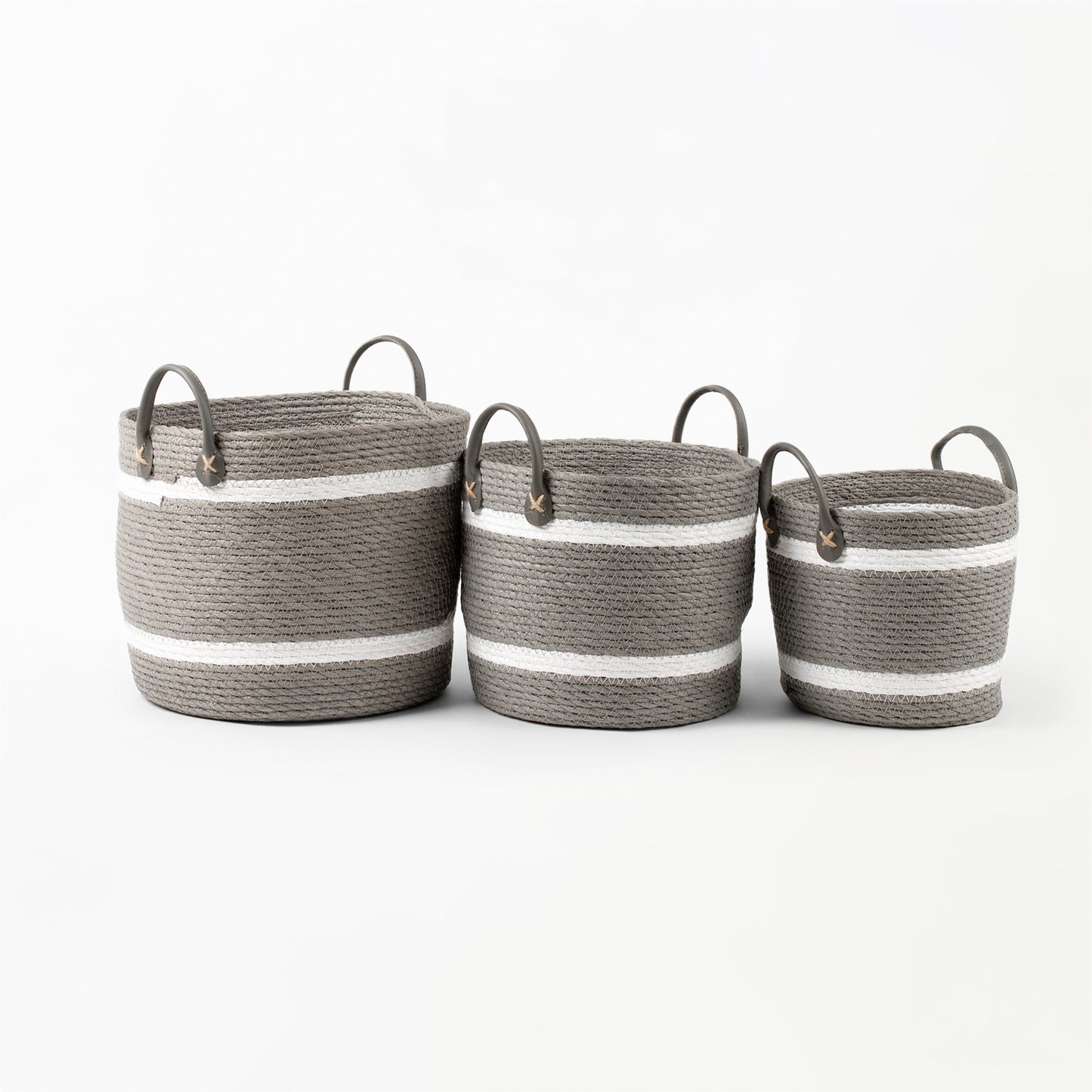 Two-Striped Grey Basket with Leather Handles