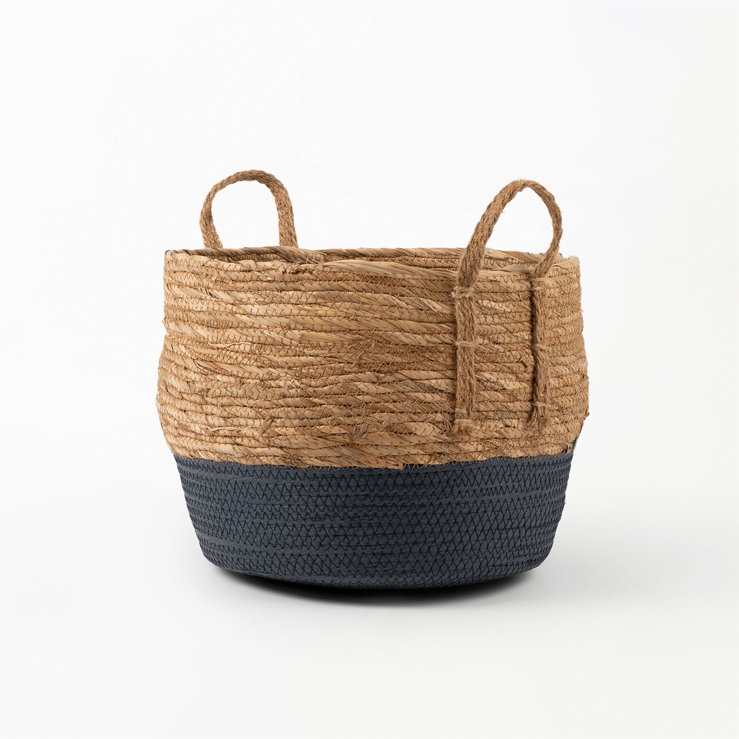 Natural and Blue Bottom Basket with Hemp Handle