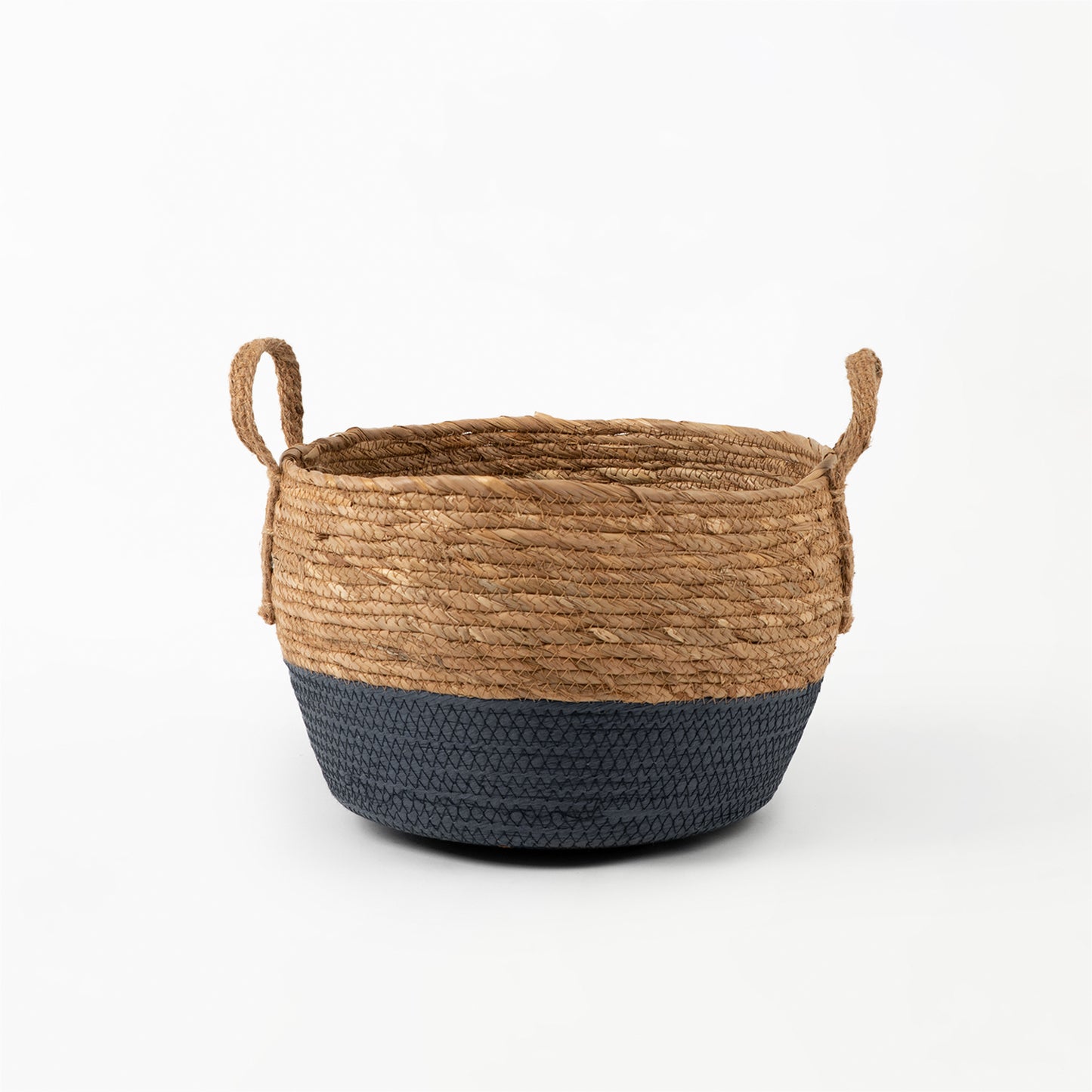 Natural and Blue Bottom Basket with Hemp Handle