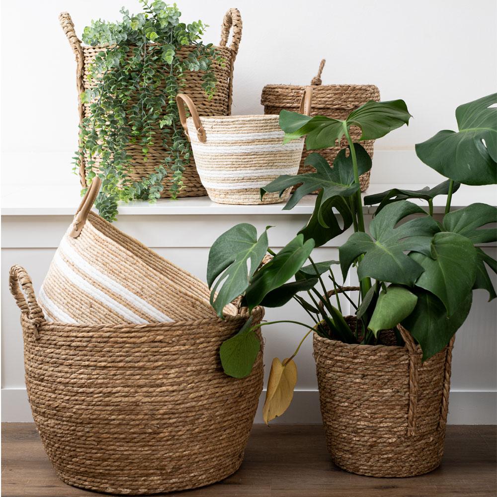 White Stripe Natural Woven Basket with Leather Handle