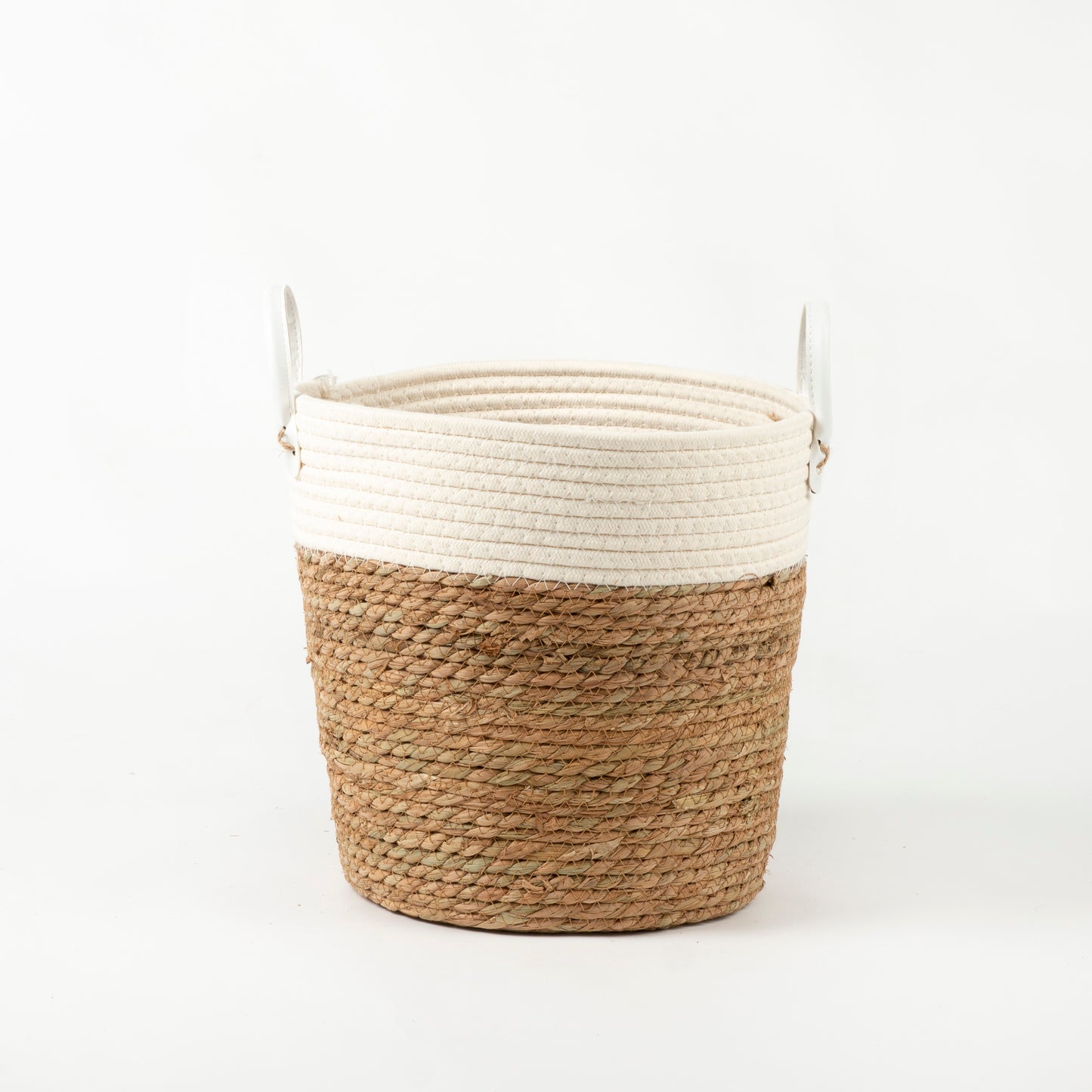 White Two-tone Basket with Leather Handles