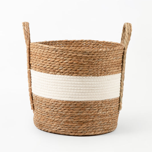 Natural and White Stripe Basket with Woven Handles