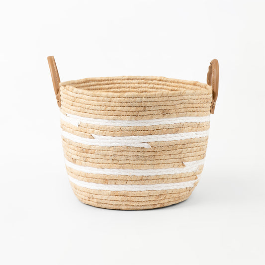 White Stripe Natural Woven Basket with Leather Handle