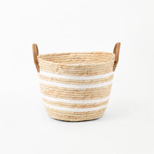 Load image into Gallery viewer, White Stripe Natural Woven Basket with Leather Handle
