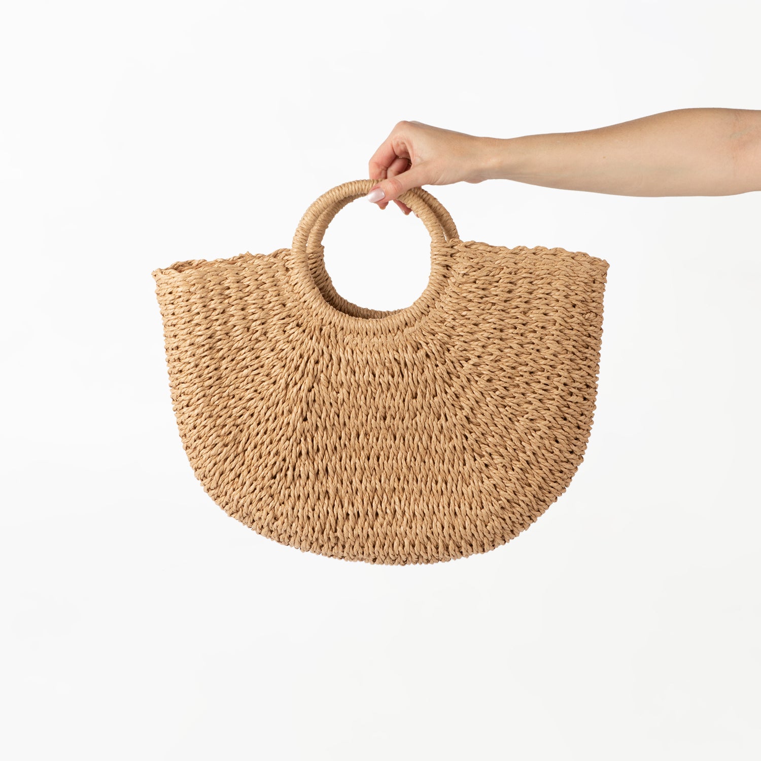 Natural Circle Handle Bag. Woven detail in caramel color - Basketly NZ