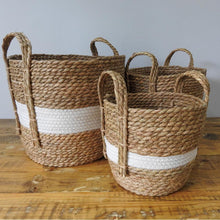 Load image into Gallery viewer, Natural and White Stripe Basket with Woven Handles
